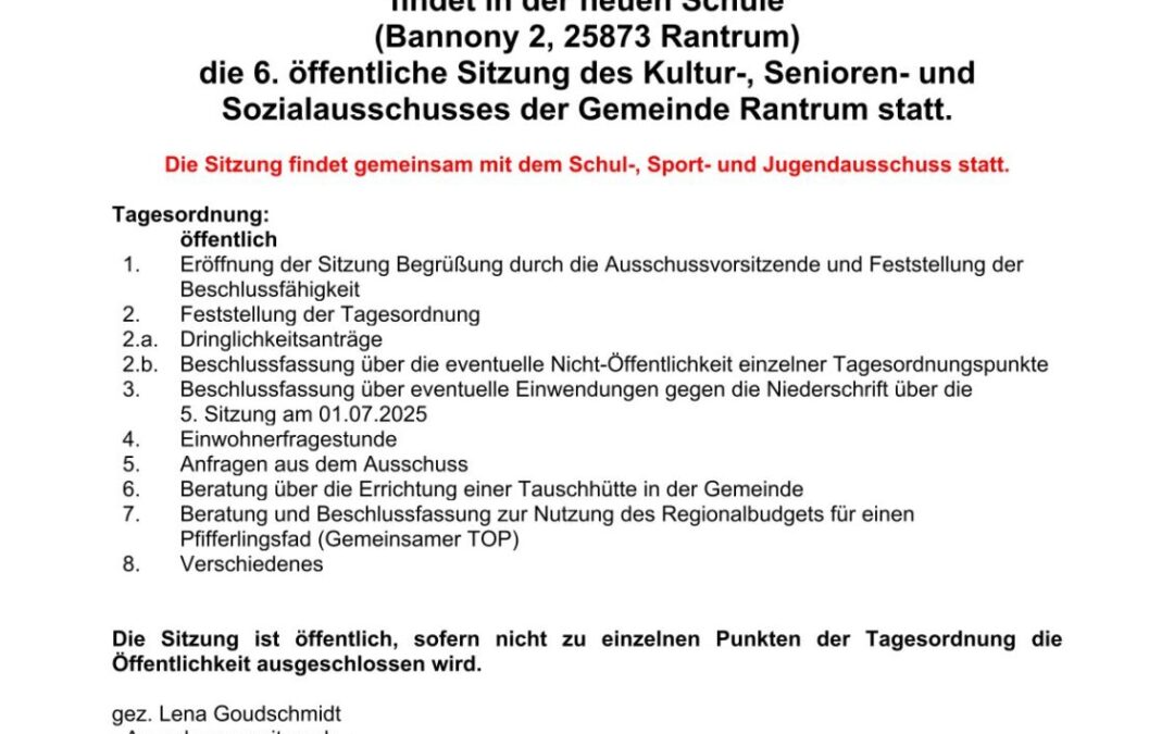 Gemeinsame Sitzung Schul- Sport und Jugendausschuss und Kultur-, Senioren und Sozialausschuss am 29.10.2026