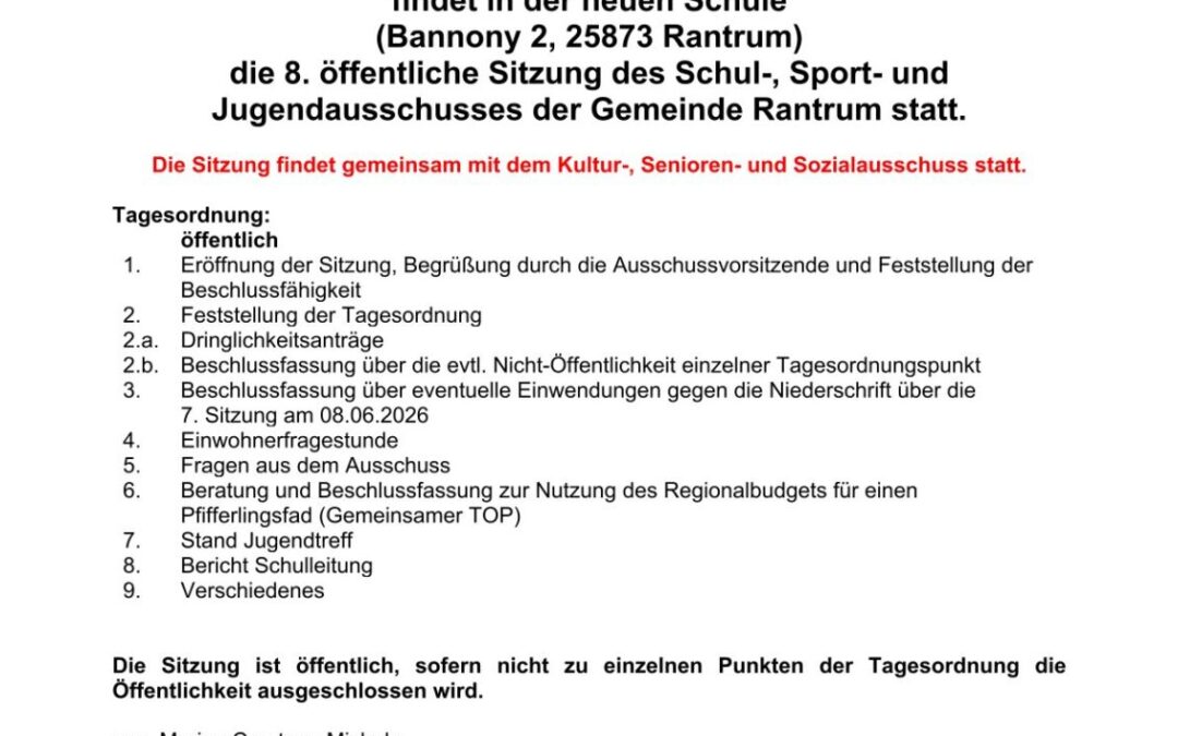 Gemeinsame Sitzung Schul- Sport und Jugendausschuss und Kultur-, Senioren und Sozialausschuss am 29.10.2026